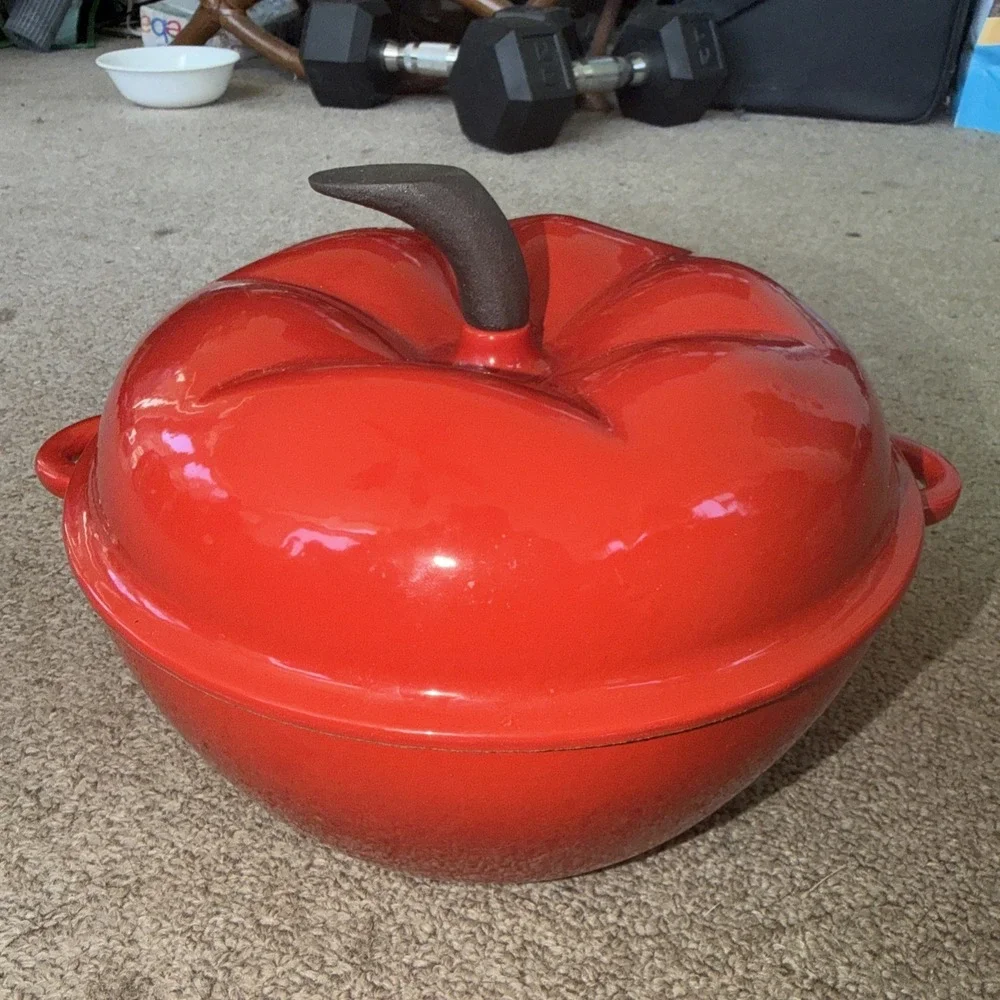 Vintage Color Cast Iron Dutch Oven Red Apple/ Tomato Casserole Pot 8